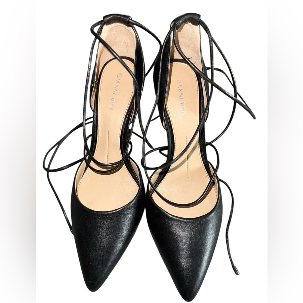 Gianni Bini Black Leather Pointed Toe Lace-Up Heels – Size 8M